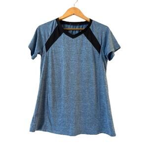 Miusey Women's Yoga Workout Tee‎ T-Shirt Size M Blue Short Sleeve V-Neck Stretch
